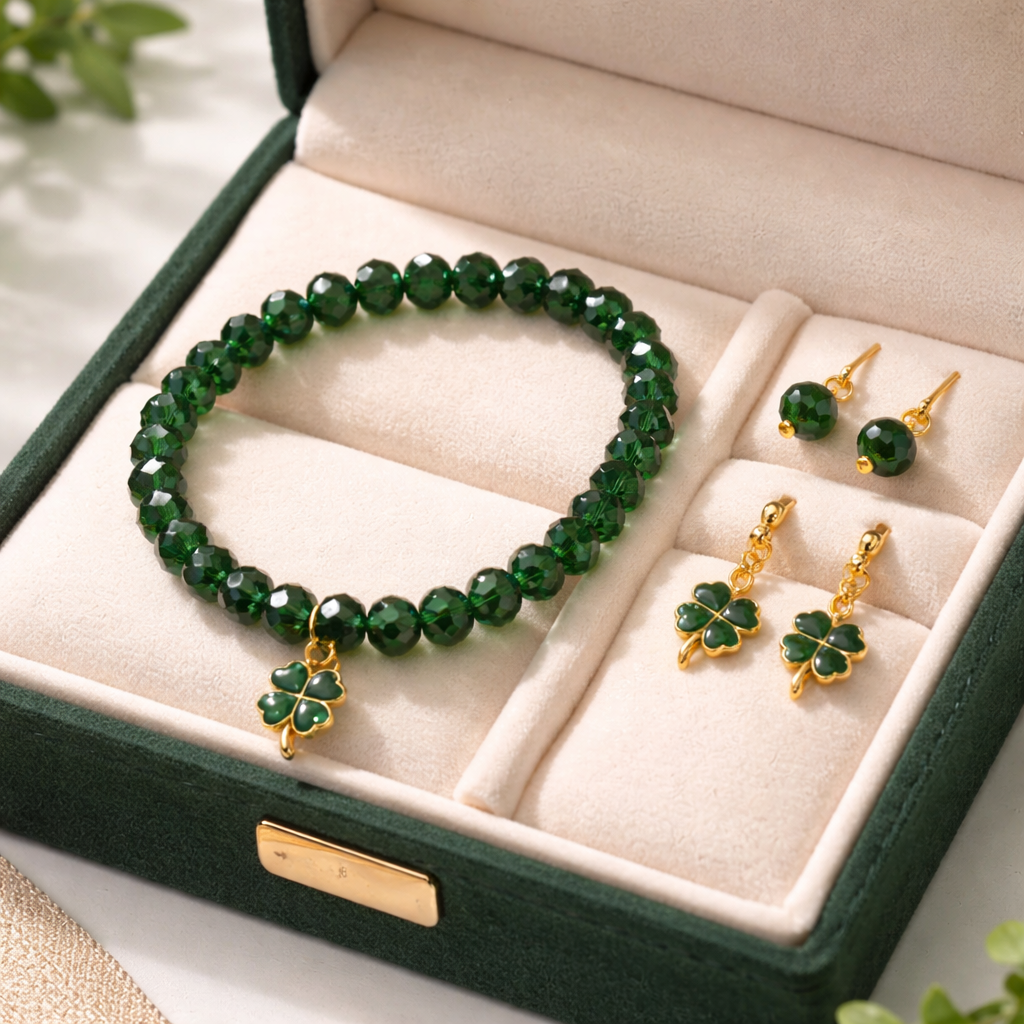 Green glass beads bracelet with 2 pairs of earrings