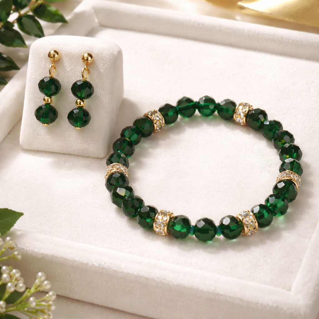 Green Glass beads braclete with earring