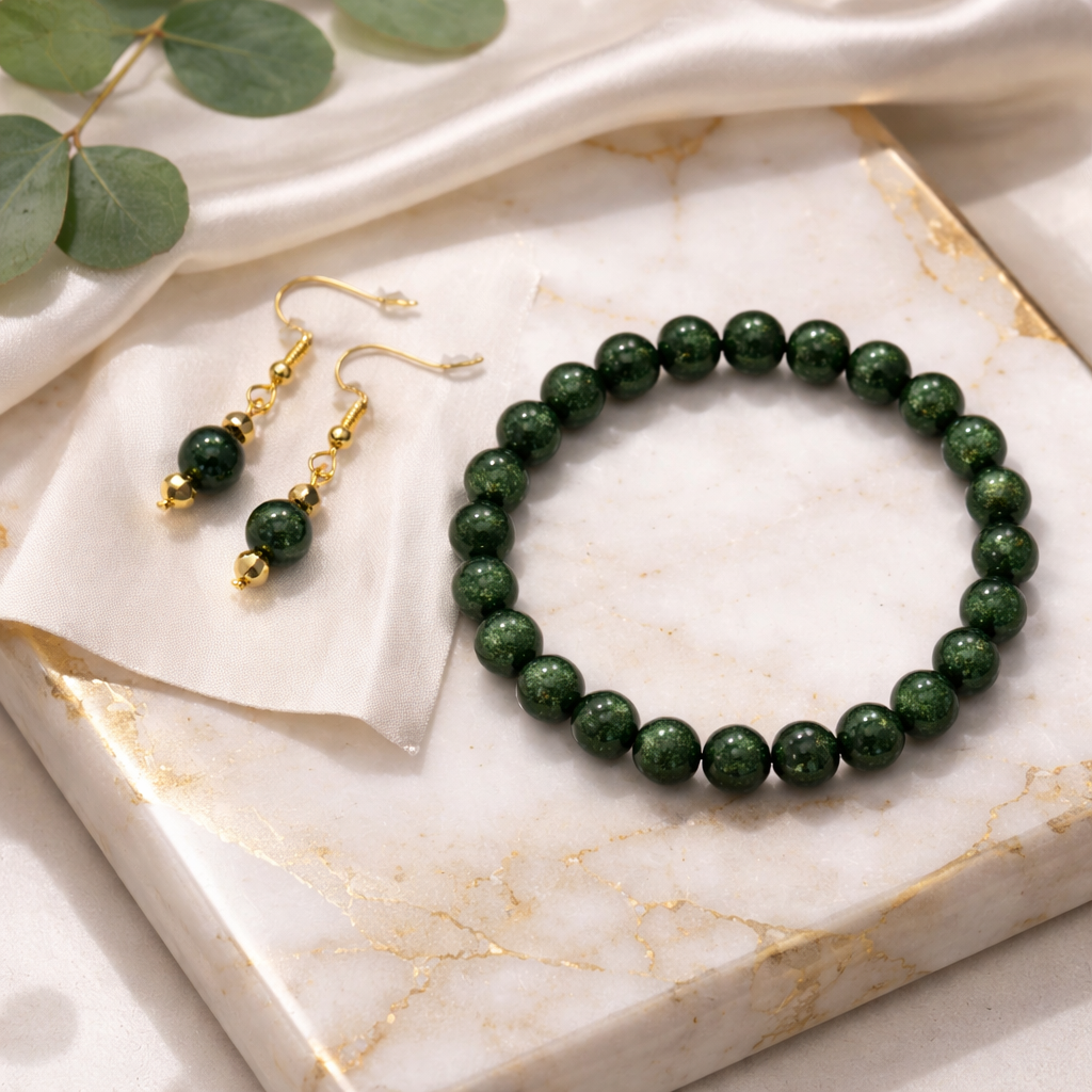 green glass beads bracelet with earrings