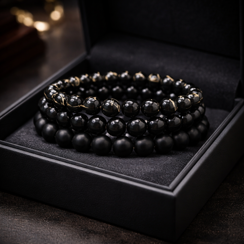 Black glass beds bracelet set