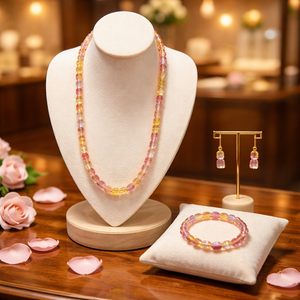 gold and pink mixed glass bead neckless set