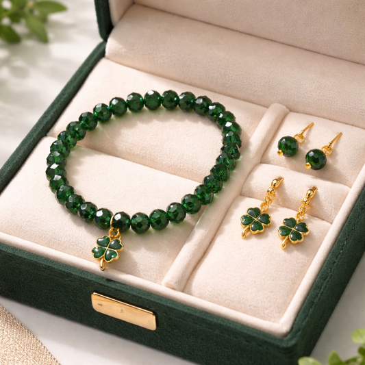 Green glass beads bracelet with 2 pairs of earrings