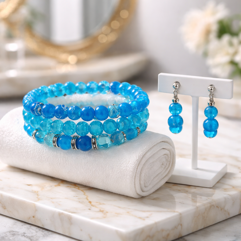 set of blue glass beads bracelets with earrings